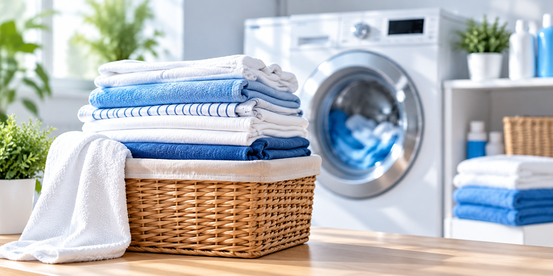 Laundry basket with folded clothes beside a washing machine